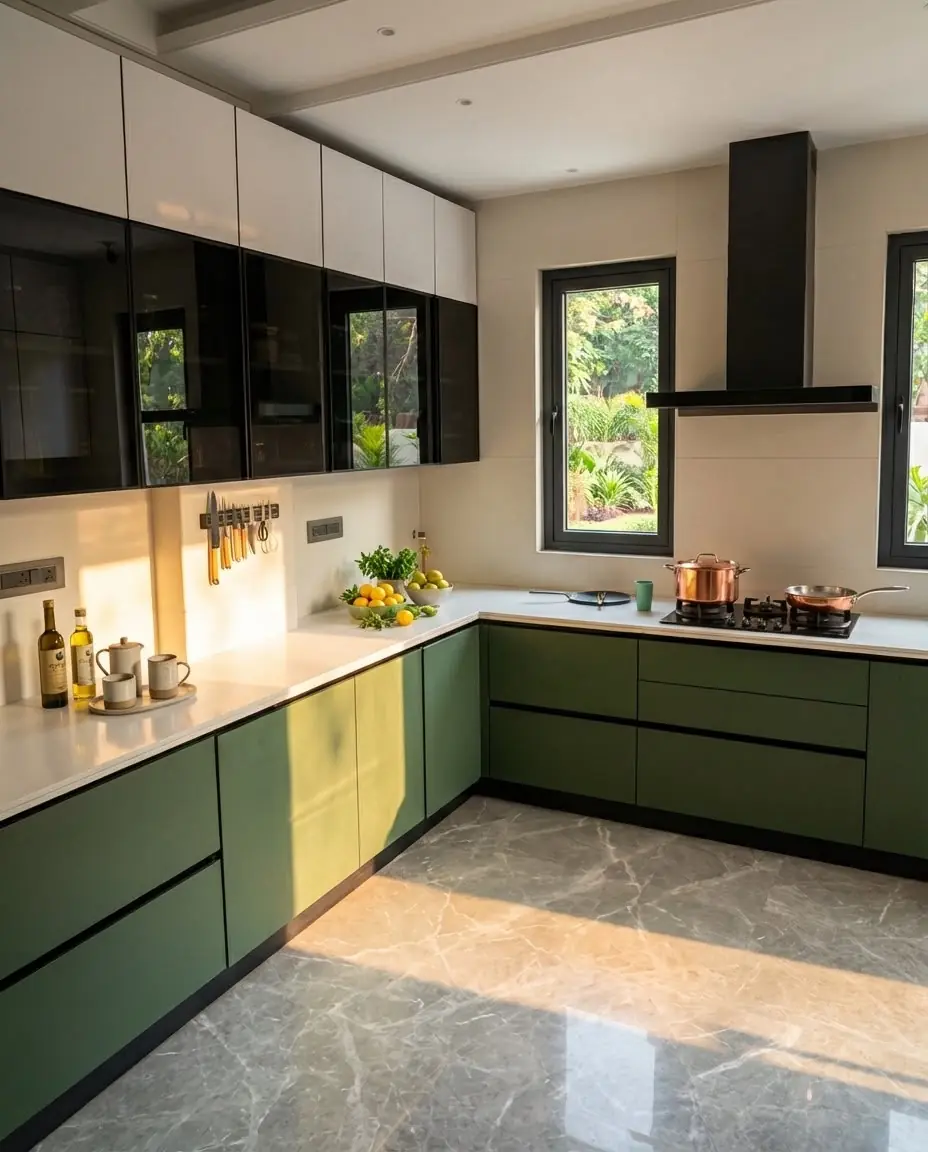 L-shaped kitchen with sage green handle-less base units, white worktops and smoked-glass wall cabinets